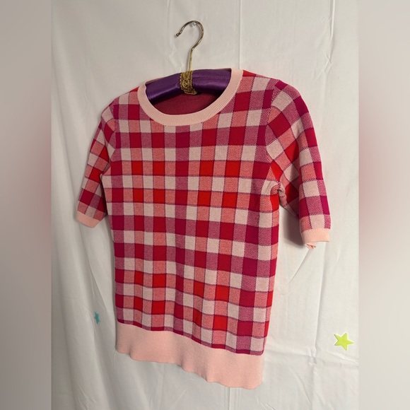 Ann Taylor Pink Red Purple Plaid Short Sleeve Sweater Top - Picture 3 of 14